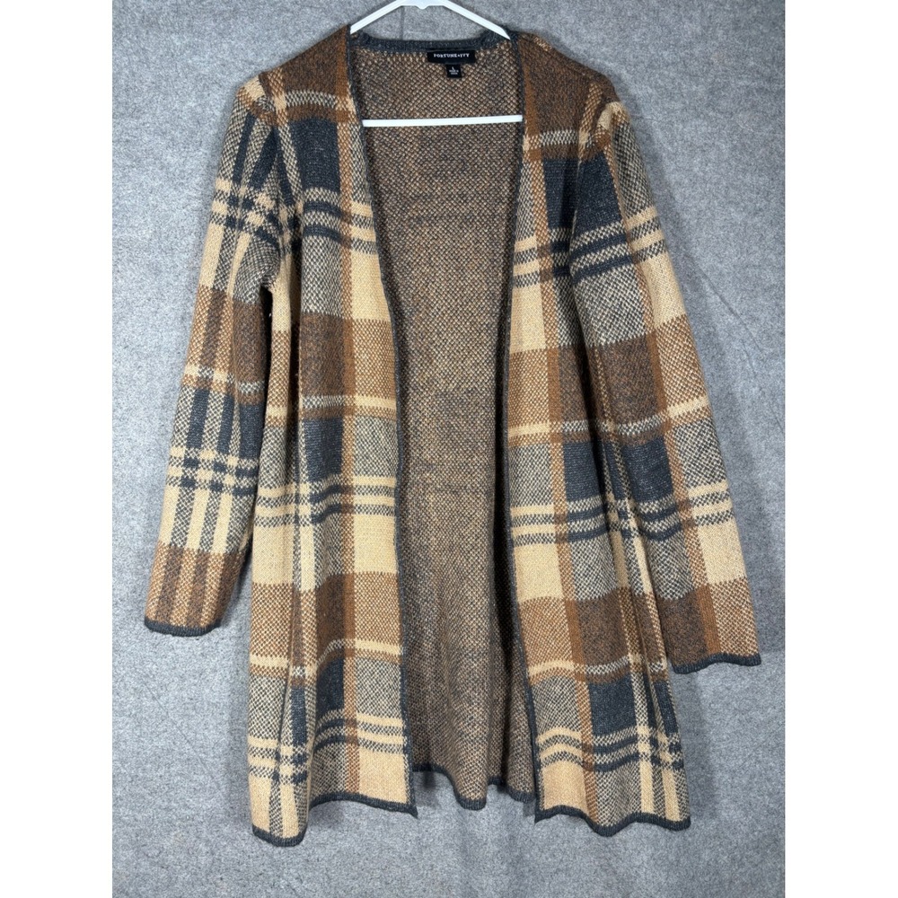 Fortune + Ivy Womens Plaid Open Front Cardigan Sweater Brown Tan Grey Large